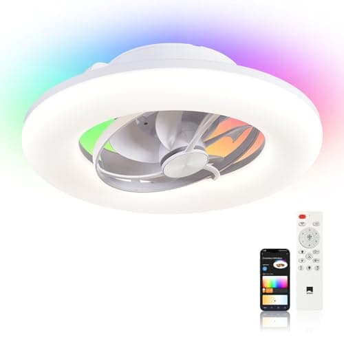 Image of 22" Orison 360° Oscillating Ceiling Fan with Light, 18° Rotating Low Profile Flush Mount, Smart RGB Backlight &Dimmable LED, Alexa&Google Compatible,APP/Remote Control, Modern Quiet for Bedroom, White