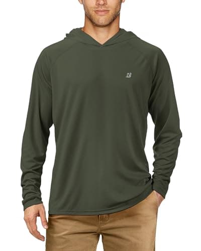 Image of Roadbox Men's Sun Protection Swim Hoodie Long Sleeve, Quick Dry Fishing Shirts Lightweight, UV Breathable Running Tops Dark Green