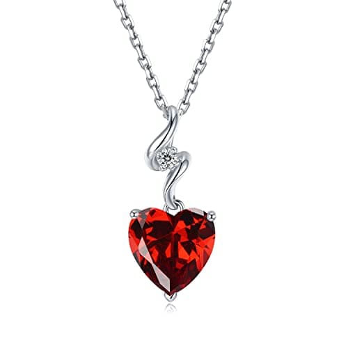 Image of 14K Solid White Gold Heart Necklace 0.015ct Diamond Created Ruby Dainty Pendant with Sterling Silver Chain Solitaire July Birthstone Necklaces Fine Jewellery Gifts for Women Mum Girls