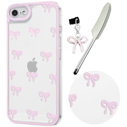 Image of Knoowcase Case for iPhone SE 2022/8, iPhone SE 2020/7, Cute Bowknot Pattern Clear Soft TPU Shockproof Case for Women Girls, Slim Fit Silicone Bumper Shell Drop-Protection Transparent Cover,Pink
