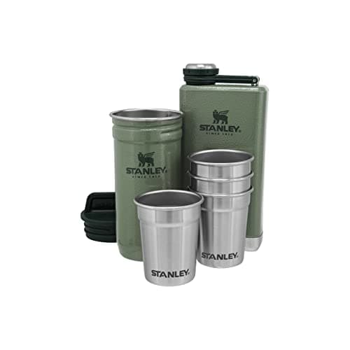 Image of Stanley 1913 Adventure Pre-Party Shot Glasses Set + Hip Flask - BPA-Free Stainless Steel Flask - Alcohol Gifts - Dishwasher Safe - Hammertone Green
