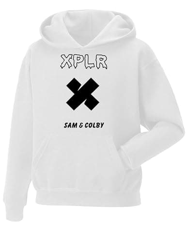 Image of Snapit Sam and Colby XPLR Merch Hoodie Long Sleeve Sweatshirt Casual Pullover Hoodies Unisex Tops for Uk Mens/Women/Kids Hip Hop Casual Streetwear for Hip Hop Fans, Birthday Christmas White