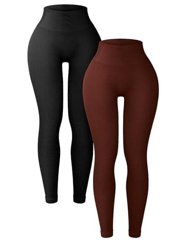 Image of SUNCLOVE 2 Pack Leggings for Women Ribbed Seamless Leggings High Waisted Tummy Control Yoga Pants Women Workout Tights, 02 Black/Coffee, M