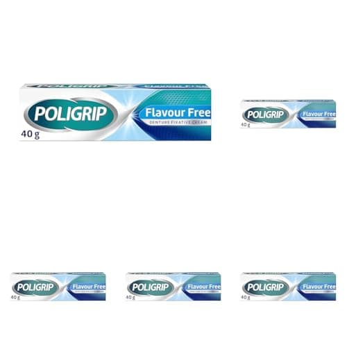 Image of Poligrip Denture Adhesive Fixative Cream, Adhesive Flavour Free for strong all-day hold of dentures, 40g (Pack of 5)
