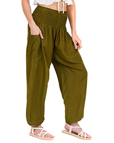 Image of Lofbaz Harem Pants for Women Yoga Boho Hippie Clothing Womens Palazzo Bohemian Pajama Trousers Beach Indian Gypsy Genie Clothes - Solid 1 Dark Green L