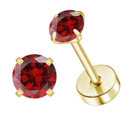Image of Natural Birthstone Stud Earrings for Women Teen Girls, Screw Back Tiny 3mm CZ Stud Flat Back Studs, Cartilage/Tragus/Second Hole Earrings (Gold 1.Jan-Garnet)