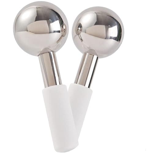 Image of Steel Face Roller Ice Globes, Stainless Steel Facial Massage Roller Balls for Eyes & Face, Cold Metal Face Balls, Face Rollers for Women, Facial Accessories with Rubber Base & Storage Bag