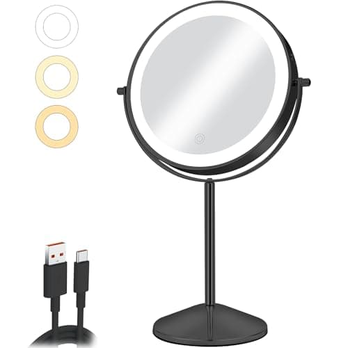 Image of AumVum 8" Vanity Makeup Mirror with LED Lights, 1X/10X Magnification, Rechargeable, 3 Colour Dimmable Touch Control, 360 Rotation for Skincare & Dressing Table, Black