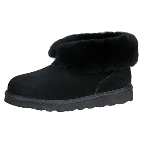 Image of PAMIR Women's Genuine Suede Slipper Boots & House Shoes - Sheepskin Trim, Memory Foam, Indoor/Outdoor Ankle Booties (Black, Size 5 UK)
