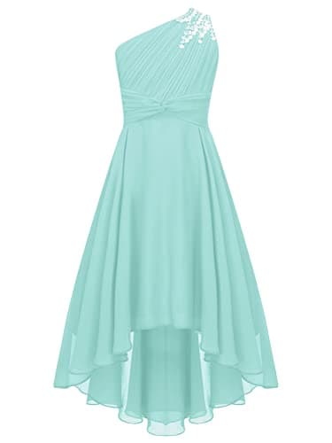 Image of CHICTRY Kids Girls Sequin One Shoulder Formal Party Dance Gown High-Low Chiffon Proms Dresses Mint Green 13-14 Years