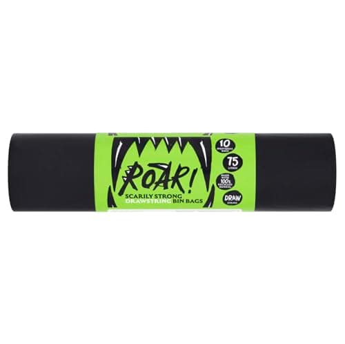 Image of Roar! Bin Bags 75 Litres, 10 Double Drawstring Ultra Strong Black Refuse Sacks, 100% Recycled Plastic, Everyday Use, Household, Office & Kitchen Waste