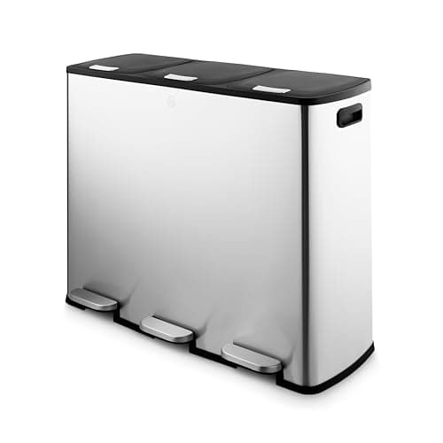 Image of Swan 90L Recycling Bin with 3 x 30L Compartments, Soft Close Lids, Foot Pedal System, Removable Inner Buckets, Stainless Steel with Fingerprint Proof Finish