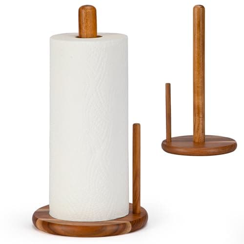 Image of E-ROOM TREND Wooden Paper Towel Holder | Acacia Wood Natural Color Paper Holder Stand Countertop Kitchen Bathroom Roll Organizer | for Dining Table Home(ZJ001A)
