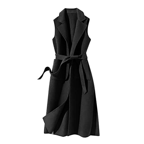 Image of tacniseyw Women Wool Blend Trench Coats Sleeveless Winter Overcoat With Belted Slim Longline Trench Coat Ladies Long Vest Jackets Lightweight Lapel Pea Coat Casual Outerwear With Pockets