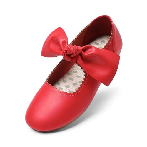 Image of DREAM PAIRS Girls Mary Jane Dress Shoes Front Bow Ballerina Flats for Wedding, Party, Christmas,Size 5 Big Kid,Red,Angie-5