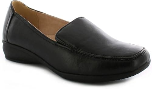 Image of Dr Keller Women's Wide Fit Slip-On Loafers – Comfortable Work Shoes for Ladies – Leather Lined Cushioned Insole – Lightweight Casual & Office Wedge Shoes – Matt Black-6