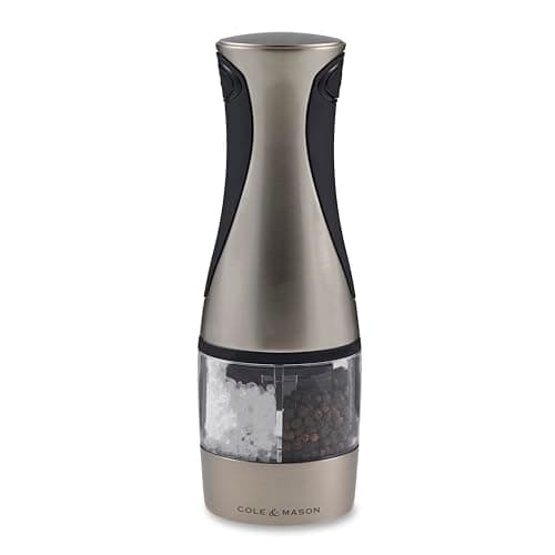 Image of Cole & Mason Kew Electric Salt and Pepper Mill, Combi Mill with Adjustable Grind, Brushed Chrome, 210 mm, Single, Includes 1 x Electric Salt and Pepper Grinder