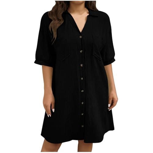 Image of Plus Size Shirt Dresses for Curvy Women V Neck Button Down Knee Length Casual Linen Cotton Dress Ladies Summer Dresses Ladies Clothes (Black,4XL,Size 30-32)