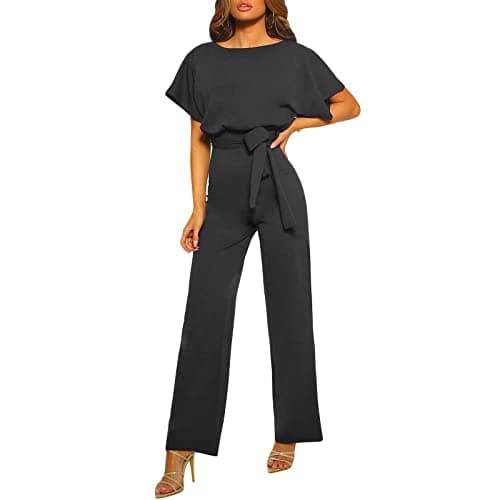 Image of YILEEGOO Women's Casual Jumpsuits Solid Color Batwing Sleeve Playsuit Crewneck Loose Rompers Belted Wide Legs Overall S-3XL (Black, L)