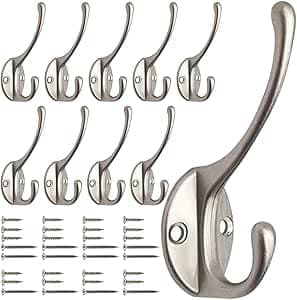 Image of GlazieVault Satin Nickel Coat Hooks for Wall Pack 10 - Heavy Duty Coat Hooks Wall Mounted - Premium Design Wall Hooks Rust Free Door Hooks for Hanging