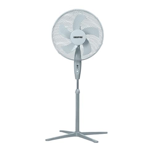 Image of GEEPAS 16” Pedestal Free Standing Cooling Fan | 3 Speeds 5 Blades Wide Angled Oscillation | Pivoting Head & Adjustable Height | Powerful Airflow Floor Fan | Home Office Use, 1 Year Warranty Grey 45W