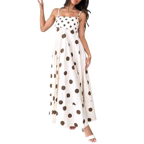 Image of Geagodelia Women's Summer Maxi Dress Spaghetti Strap Sundress Ladies Sexy Vintage Long Dresses Casual Flowy Beach Dress Y2k Aesthetic Clothes UK (Brown Polka Dots, M)