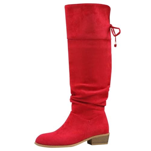 Image of Knee High Boots Women Wide Calf Walking Booties Solid Color Stylish Chunky Heel Pleated Casual Comfortable Pull On Long Boots Red