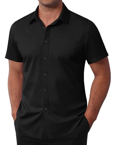 Image of siliteelon Short Sleeve Shirts Men Black Dress Formal Shirts Stain Shield Stretch Non Iron Business Casual Button Down Shirt