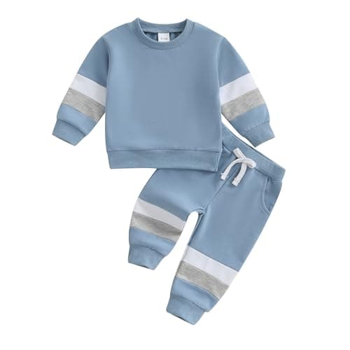 Image of XIXIMAON Toddler Boy Outfit Autumn Winter Clothes Contrast Color Patchwork Long Sleeve Sweatshirt Tops Trouser Set Baby Jumpers Boy Tracksuit 2Piece (Blue, 6-12 Months)