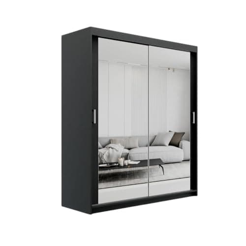 Image of ELUKS SKY Double Sliding Doors Wardrobe with Mirror Drawers Furniture for Bedroom Living Room and Hall Wardrobe Organizer Width 100cm/120cm/150cm/180cm/200cm (Black, 100cm)