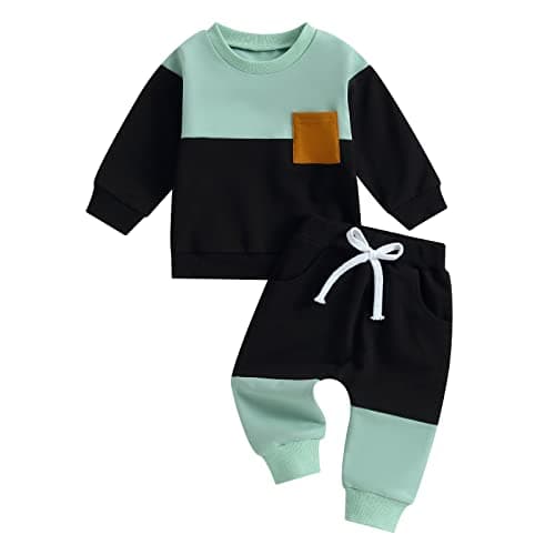 Image of Geagodelia Toddler Baby Boys Fall Winter Outfits Long Sleeve Contrast Color Sweatshirt Pullover T shirt with Elastic Waist Sweatpants Tracksuit Sets 2Pcs Clothes for Little Boys (Black, 3-4 Years)