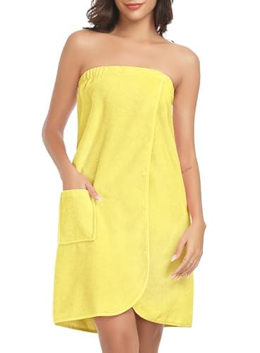 Image of Lovasy Women's Wrap Towel Robe Wrap Spa Bathrobe Terry Towelling Bath Robes for Women Adjustable Buttons Closure Shower Towel,Yellow,L