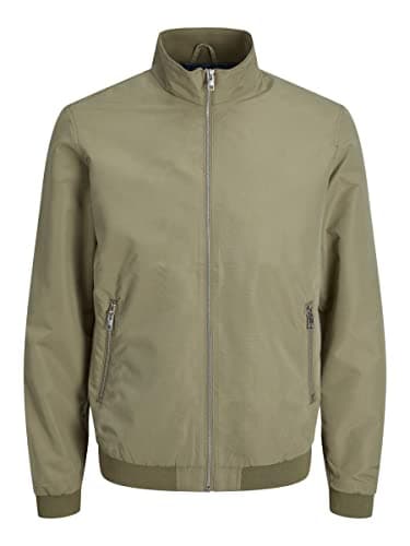 Image of JACK & JONES Mens Bomber Jacket Lightweight High Neck Full Zip Coat Long Sleeve Jackets for Men, Green Colour, Size- 2XL