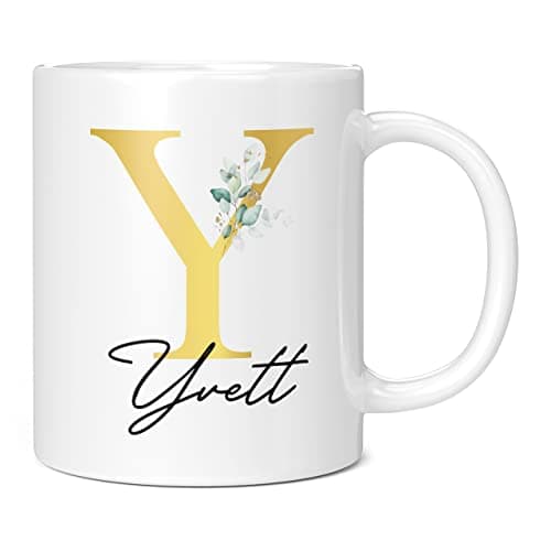 Image of Personalised Letter Y Floral Mug Initial with Name, Customised Gift, Gold Effect Printed Letter, NOT Metallic - Ceramic Coffee Cup for Men or Women, Extra Large and Giant Mug, 20oz White Cup