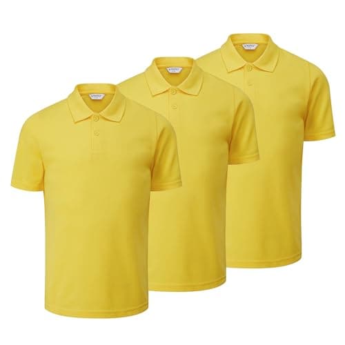 Image of Trutex Kids Yellow School Polo Shirts, Multipack – Short Sleeve Cotton-Rich Standard Fit Unisex PE Kit Polos for Boys and Girls – Age 7 (3 Pack)