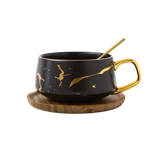 Image of Eplze YBK Tech Porcelain Tea Cup Coffee Mug Set for Afternoon Tea - Marble Pattern (Black, Short 300ml + Wood Saucer)