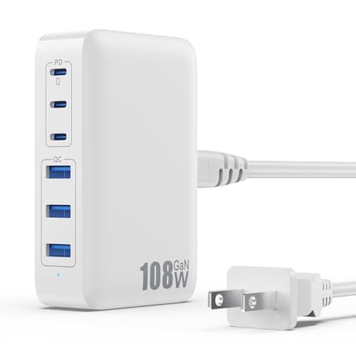 Image of USB C Charger 108W USB C Charger Block,Upgraded GaN III 6-Port Fast USB Charging Station Hub,3xQC+3xPD3.0 Phone Charger Adapter Compatible with iPhone 15/14/13/12/X,Android Samsung,iPad Tablets-White