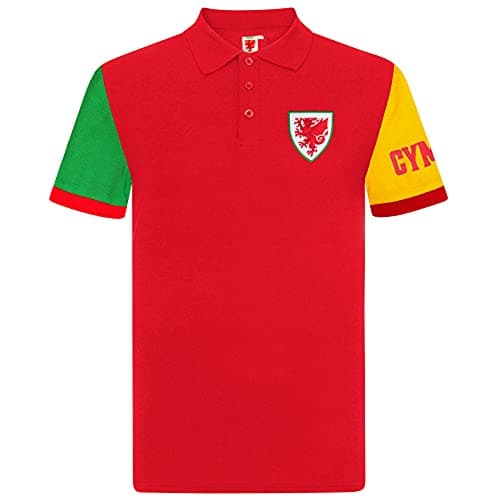Image of Wales Cymru FAW Official Gift Mens Contrast Sleeve Polo Shirt Red Large