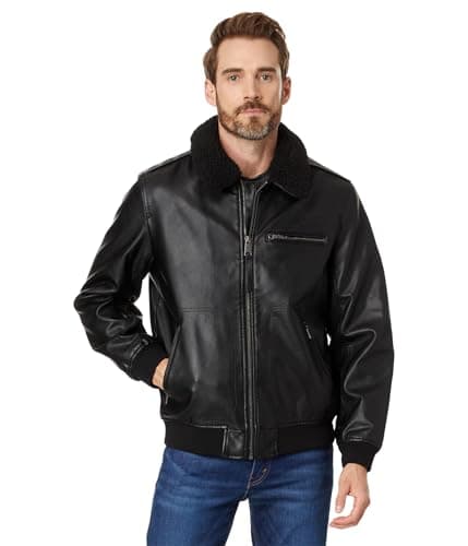 Image of Levi's mens Men's Faux Leather Aviator Bomber Jacket With Sherpa Collar, Black, S
