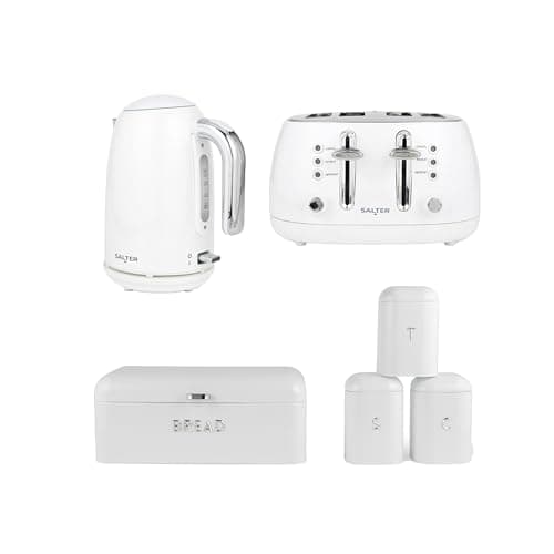 Image of Salter Boston Kettle, Toaster & Canister Set – 1.7L Fast Boil Kettle, Limescale Filter, 4-Slice Wide Slot Toaster, Bread Bin, Tea/Coffee/Sugar Storage Canisters, 3kW/1960W, Ice White Shimmer Finish