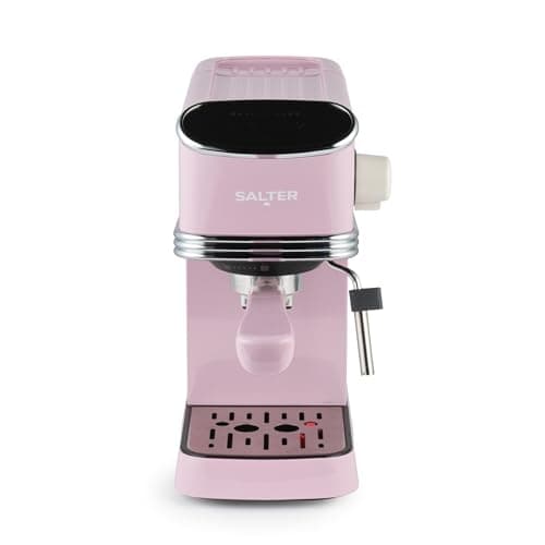 Image of Salter Retro Espresso Machine – Pink Coffee Machine with Milk Frothing Wand, Cappuccino/Latte, 20-Bar Pressure Pump, 1.35L Water Tank, Ground Coffee, Single/Double Shot, Digital LED Display, 1350W