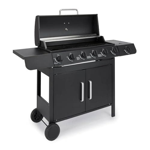 Image of VonHaus Gas BBQ – 6+1 Burner Portable Barbecue with Warming Rack, Side Burner, Temperature Gauge, Cabinet Storage Shelf, Wheels, Gas Hose & Regulator – Steel Barbeque can Grill Meat, Fish & Vegetables