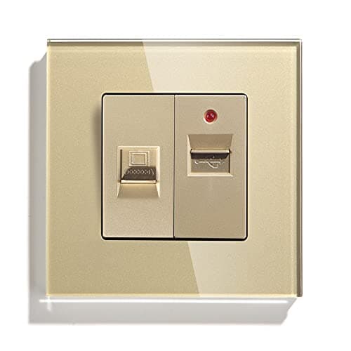 Image of BSEED PC+USB Glass Panel RJ45 Cat5E Ethernet Wall Socket and Single USB Charging Power Outlet Gold
