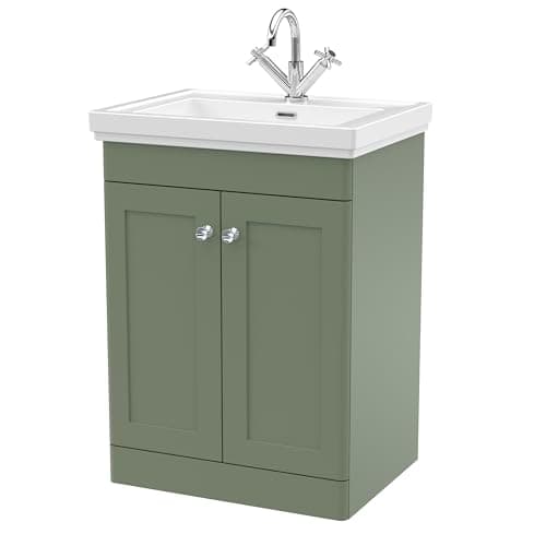 Image of Balterley Vanity Unit with Basin Floor Standing, Soft Close 2 Door with Handles & Rectangular Sink, Bathroom Vanity Units with Basin, Traditional Sink Cabinet - 630 x 471 x 865mm (Green)