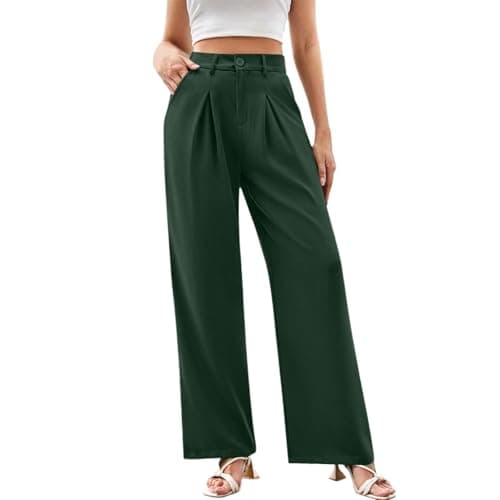 Image of 2025 Trousers Women Wide Leg Dress Pants 2025 High Waisted Button Pleated Business Casual Trousers Work Palazzo Pants (Dark Green, XL)