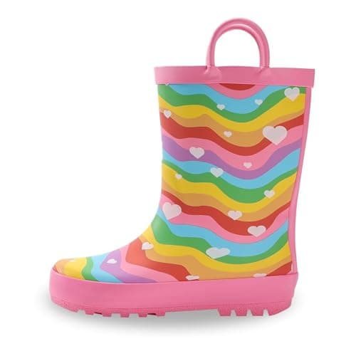 Image of EUXTERPA Kids Wellington Boots For Girls Rainbow Waves Rubber Wellies boots Unisex Children Waterproof Rain Boots with Pull On Handles Size 9