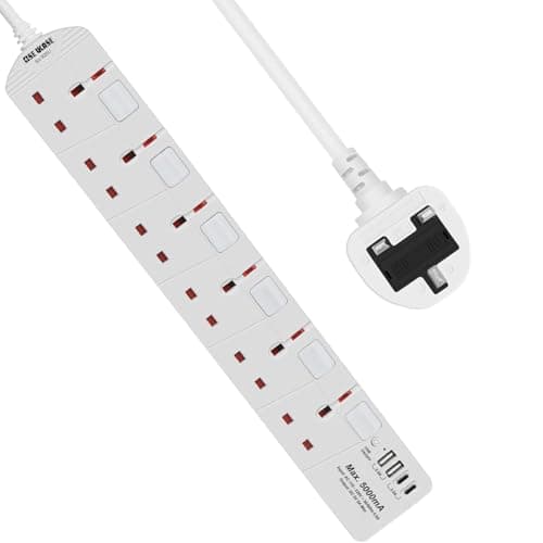 Image of SE UKASE Extension Lead with USB Slots(5V/5A), 6 Way Plug Sockets with Individual Switches USB and Type C, Wall Mount Design with 2M Extension Cable 2990W