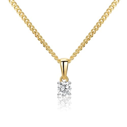 Image of MIORE Diamond Pendant Necklaces For Women in 9ct 375 Yellow Gold with 18ct Gold Plated Silver Curb Chain 45 cm- 0.15ct Solitaire Diamond Necklace Delivered in Jewellery Box