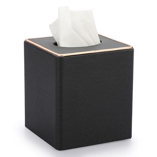 Image of BTSKY Household Square Linen Tissue Box with Decorative Gold Line - Cube Tissue Paper Holder Tissue Cover Holder Tissue Storage Organizer Tissue Dispenser Case Napkin Box, Black