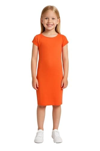Image of A2Z 4 Kids Girls Dresses Plain Short Sleeves Cap Slim - New Midi Dress Neon Orange 9-10